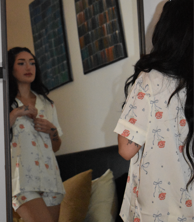 Roses N Bows Silk Short Sleeve Top