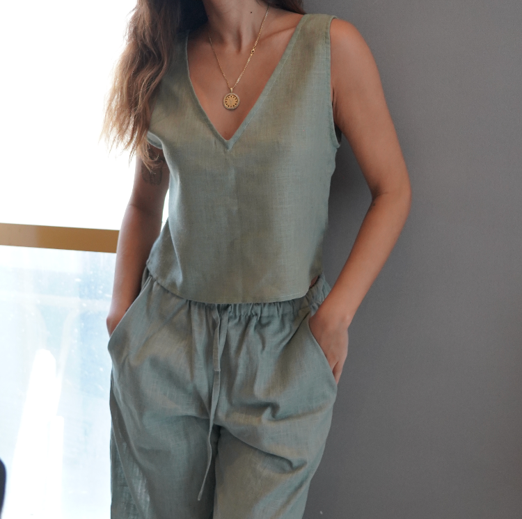 Green Linen Pants Set
