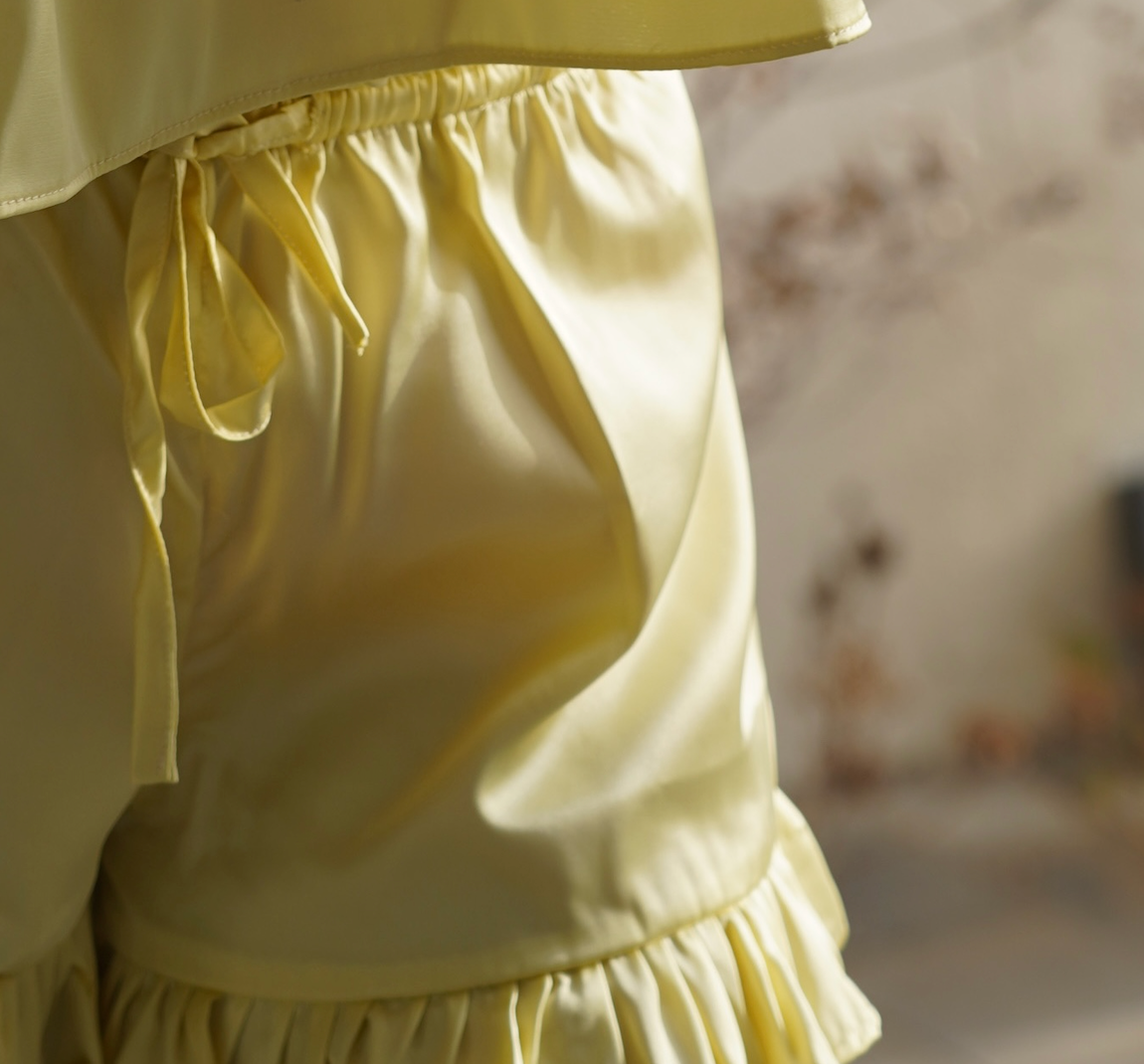 Yellow Silk Ruffle Shorts